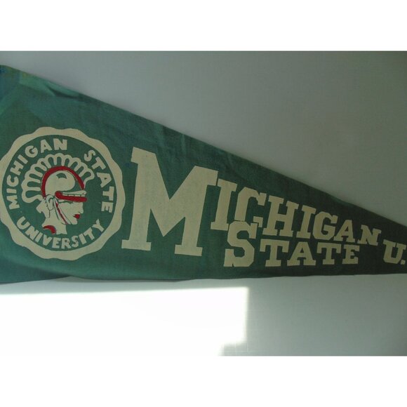 Vintage 1950's Michigan State U Pennant Spartan Green Felt Wall Decor Souvenir - Picture 3 of 8